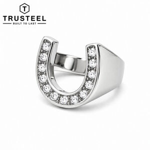 Men’s Stainless Steel Horseshoe Ring Lucky CZ Crystal Biker Statement Size 9